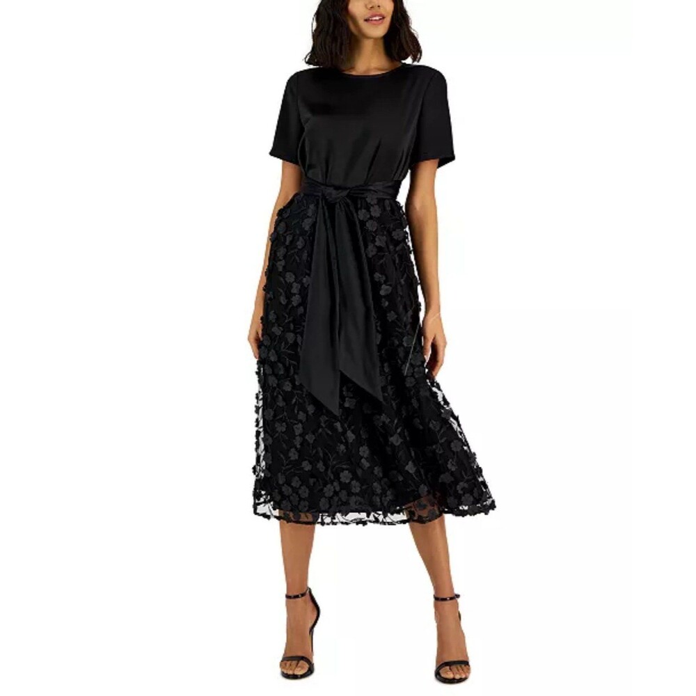 $169++ Brand New With Tag Anne Klein Tie Waist 3D Floral Combo Midi Dress Size S